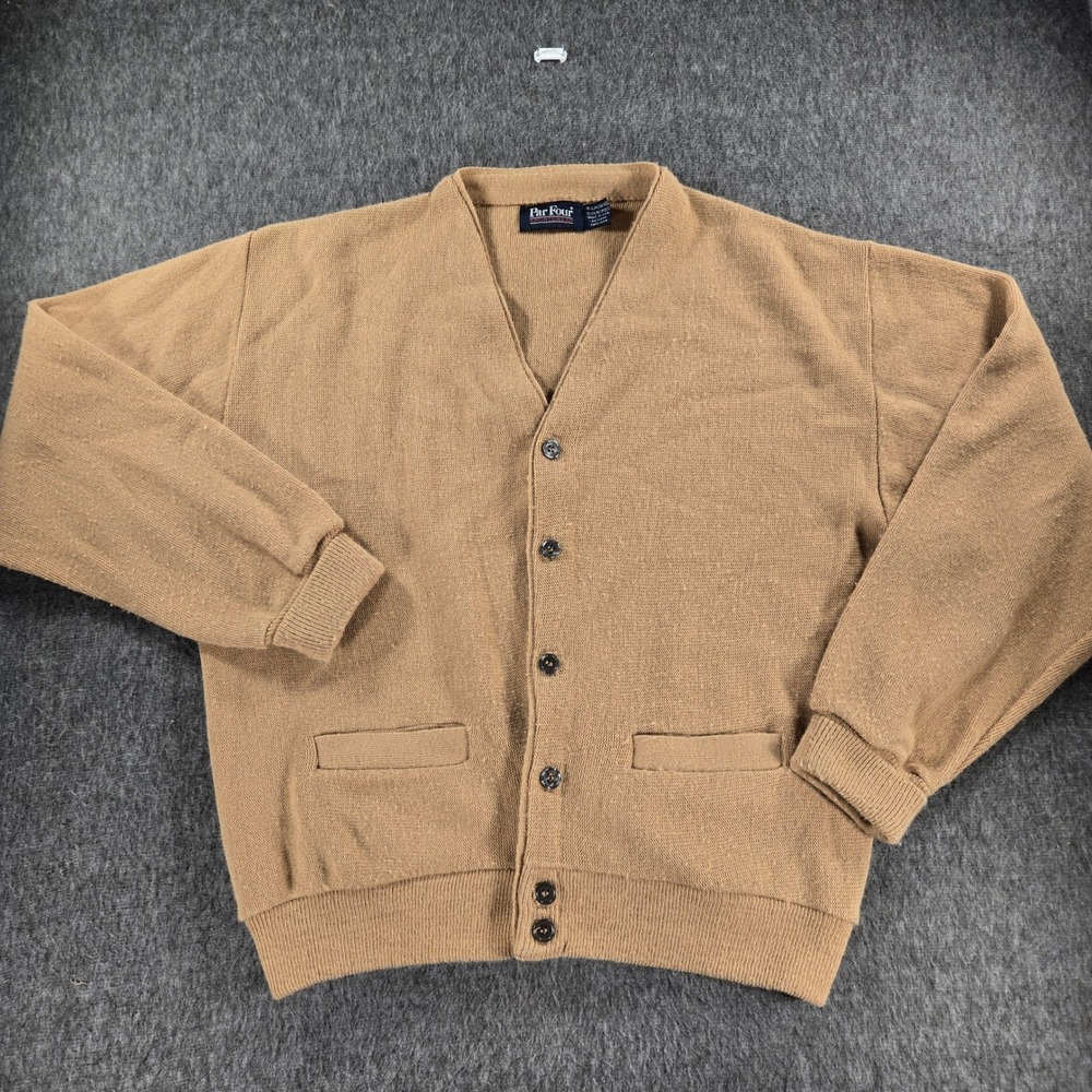 Vintage Par Four Cardigan Sweater Mens Medium Tan‎ USA Made Acrylic Knit Pockets